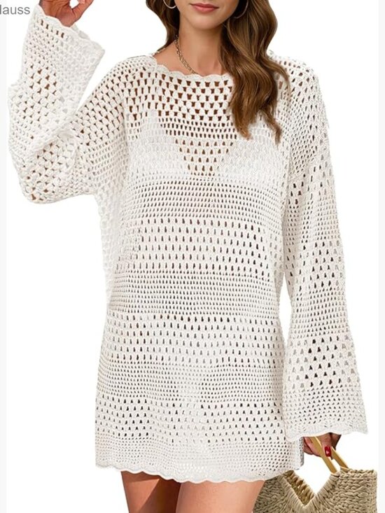 Women's Crochet Swimsuit Cover Up Dress Long Sleeve Loose Fit Polyester